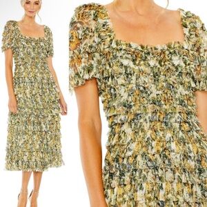 Mac Duggal NWT Multicolor Short Sleeve Micro Ruffle Tea Length Dress Size 10